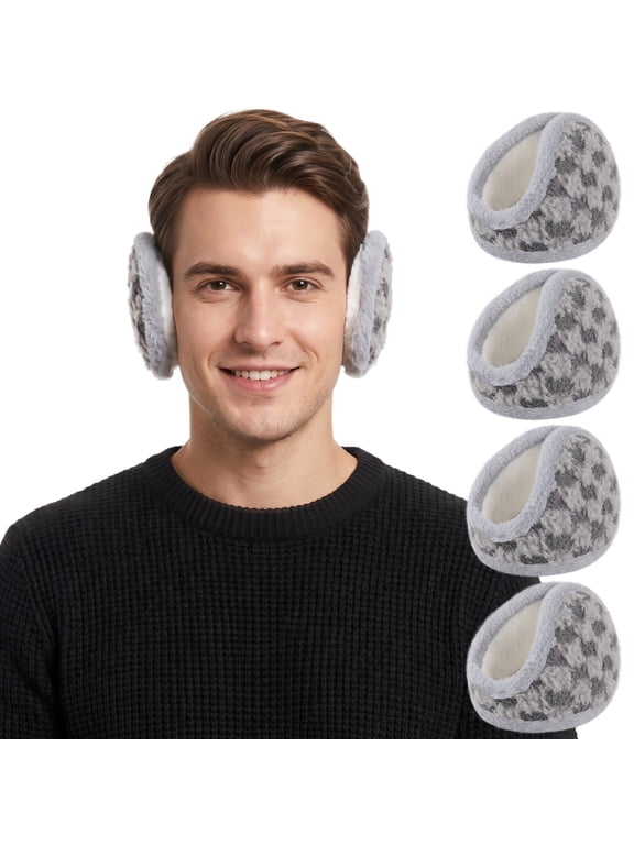 4 Pack Winter Earmuffs for Men, Foldable Tartan Plush Fleece Ear Warmers, Stretch Adjustable Warm Ear Covers