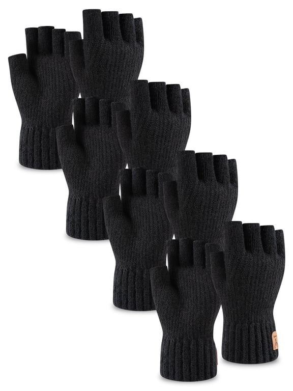 Mens Half Finger Knitted Fleece Gloves, Warm Cold Weather Thermal Adults Gloves for Driving Texting, 4 Pairs
