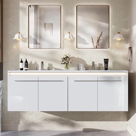 ARYARD 60" LED Floating Bathroom Double Vanity with Sink Combo, Modern High Gloss Wall Mounted Bathroom Storage Cabinet with 3 Hole Sink, White