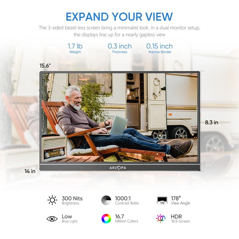 ARZOPA Portable Monitor, 15.6'' 1080P 60Hz FHD Laptop Monitor USB C