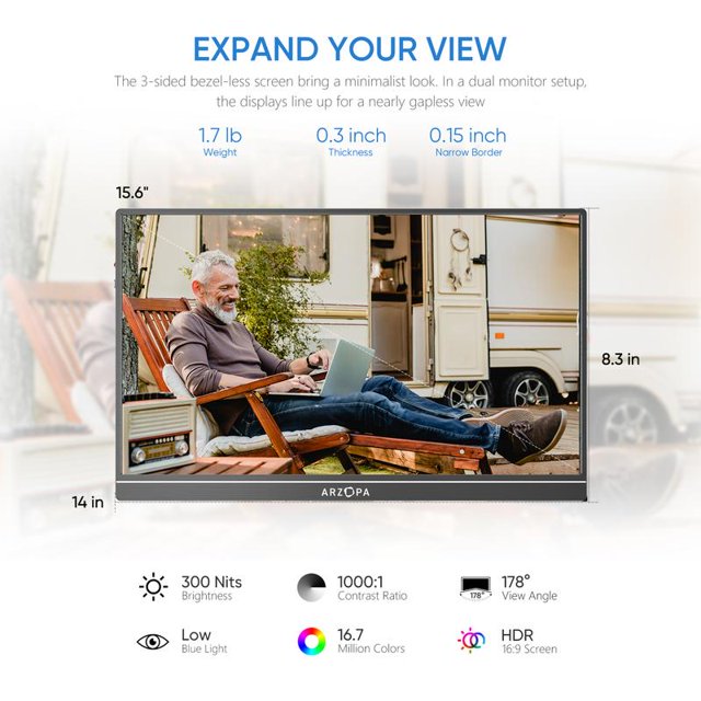 ARZOPA Portable Monitor, 15.6'' 1080P 60Hz FHD Laptop Monitor USB C