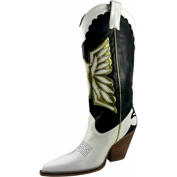 ARiderGirl Eagle Wing Women's Embroidery Mid-Calf Booties Stacked Leather Heel Pull-On Western Cowboy Style Boots