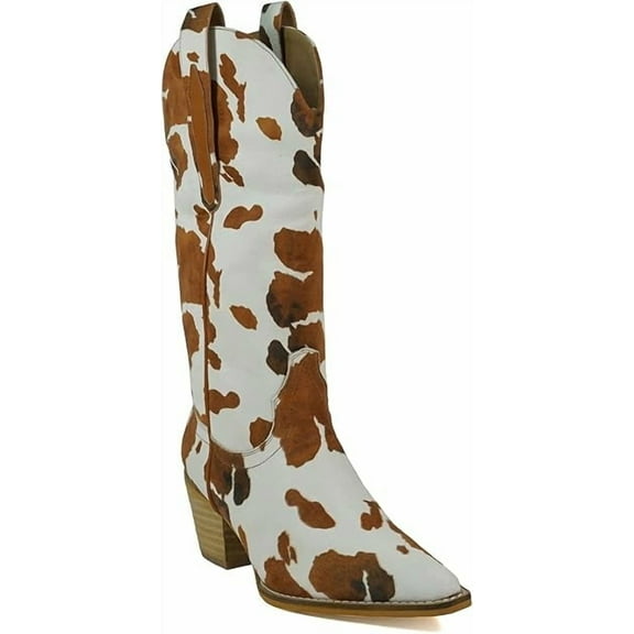 ARiderGirl Hanan Women Fashion Western Cowboy Boots Cow Print Stacked Leather Heel and Stitched Leather Welt Mid Calf Boots