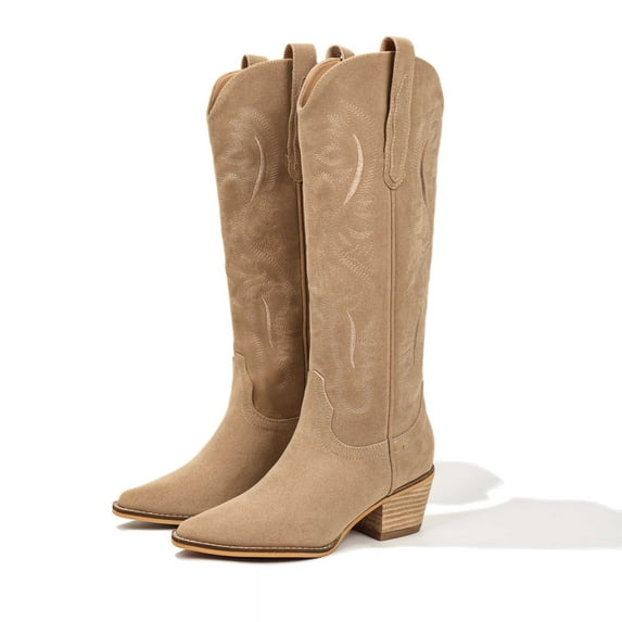 ARiderGirl Hanan Women's 15" Knee High Fashion Western Cowboy Boots Suede Stacked Leather Heel Snipped Toe Booties
