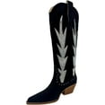 thumbnail image 1 of ARiderGirl Kokie Women's Western Cowboy Knee-High Boots Rhinestone flame Embroidered Leather Stacked Heel Snip Pointed Toe Cow Suede Boots, 1 of 5