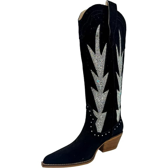 ARiderGirl Kokie Women's Western Cowboy Knee-High Boots Rhinestone flame Embroidered Leather Stacked Heel Snip Pointed Toe Cow Suede Boots