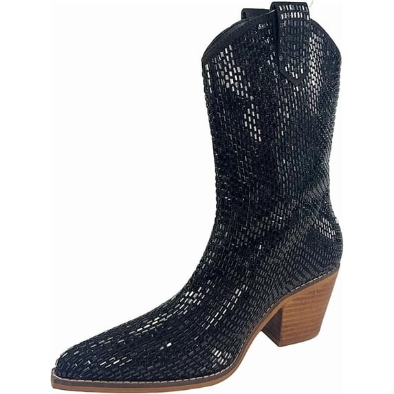 ARiderGirl Miracle Women's Western Cowboy boots Crystal Rhinestone Embellished Stacked Leather Heel with Stitched Welt Snip Pointed Toe Mid Calf Boots
