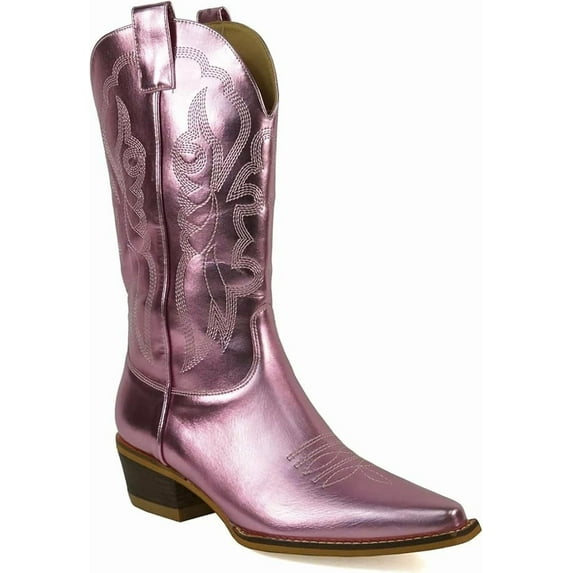 ARiderGirl Summer Women's Embroidered Western Cowboy Cowgirl Leather Stacked Heel Pointed Toe Mid-Calf Boots