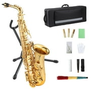 AS-100 Eb Alto Saxophone Gold Lacquer Alto Sax Full Kit With Cleaning Cloth, Gloves, Brush, Headjoint, R, Strap, Stand, Tube Case, Saxophone for Beginners and Professional, Gold