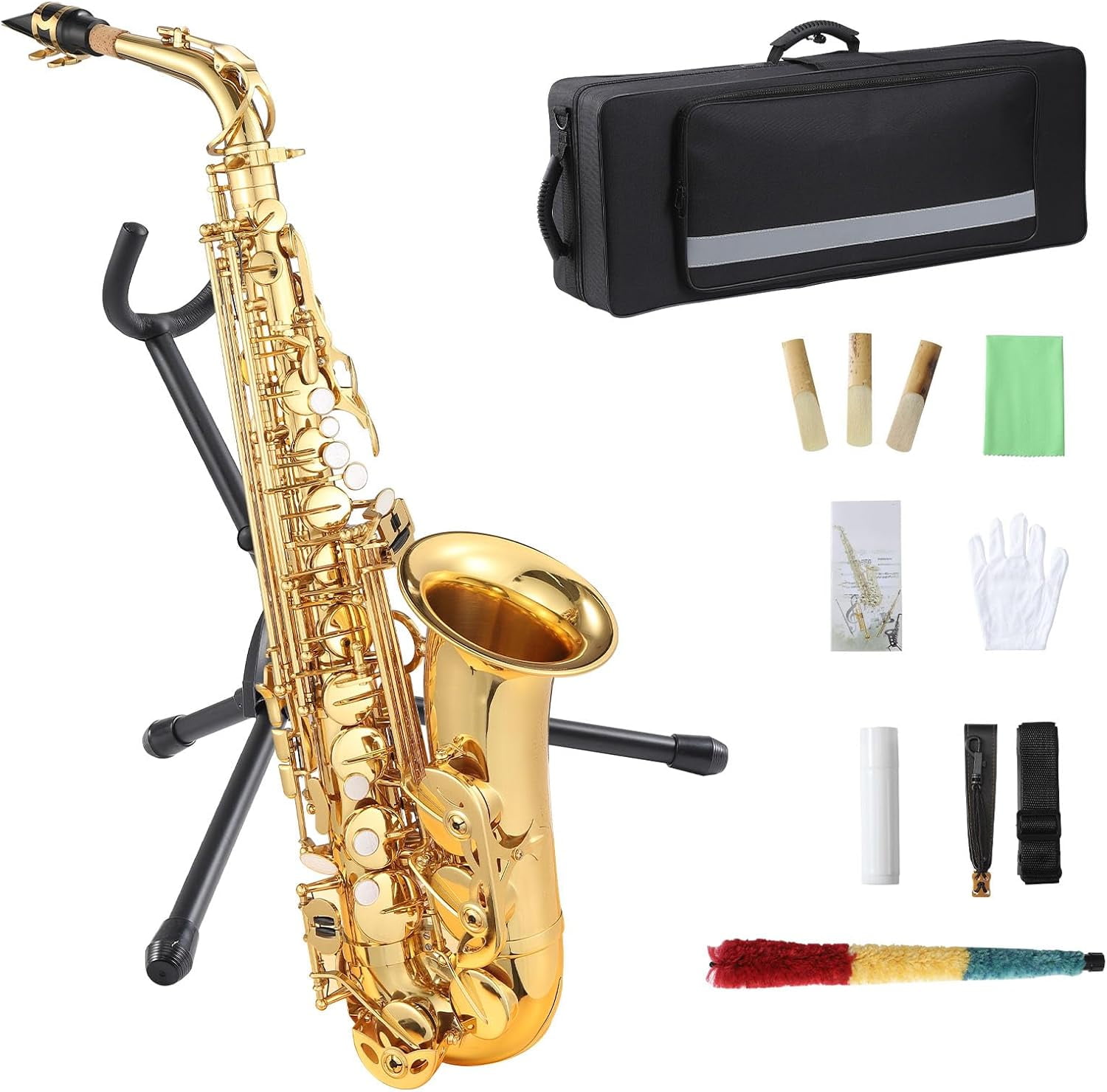AS-100 Eb Alto Saxophone, Gold Lacquer Full Kit with Cleaning Cloth, Gloves, Brush, Headjoint, Reed, Strap, Stand & Case, Alto Sax for Beginners and Professionals, Gold