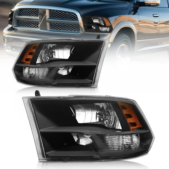 AS Headlight Assembly Compatible with 2009-2018 Dodge Ram 1500 2500 3500 Black Housing Amber Reflector Driver and Passenger Side