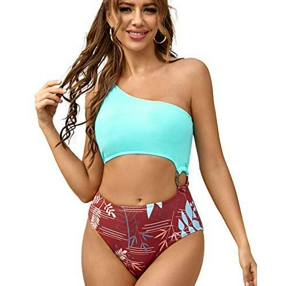 AS ROSE RICH One Piece Swimsuits for Women - One Piece Bathing Suits for Women - One Shoulder Bikini Top - High Waisted Bikini X-Large Green/Multi