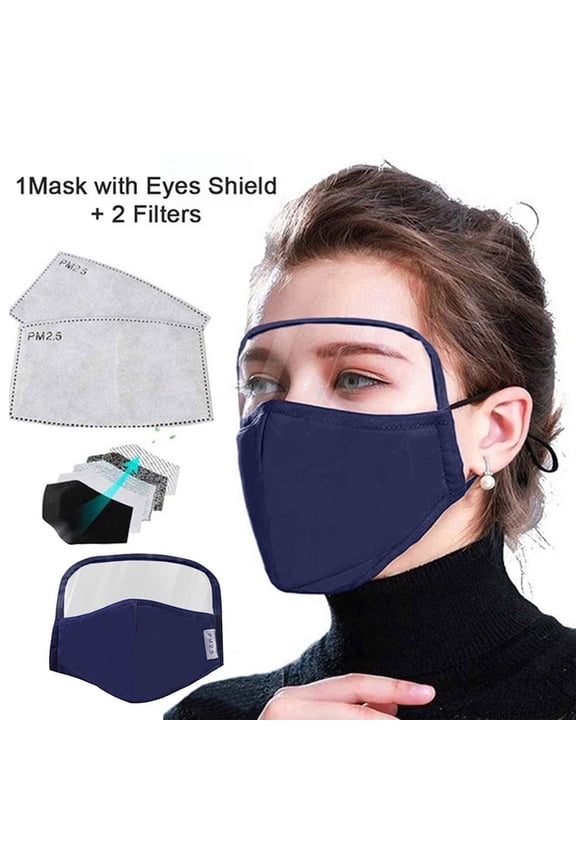 Face Mask, Cotton Dust-Proof Outdoor Reusable Protective Face Cover with Transparent Eye Shield, Anti-Pollution Design, Blue, 1 Pack