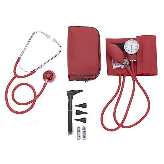 ASA TECHMED | Nurse Essentials Starter Kit with Handheld Travel Case | 3 Part Kit Includes Adult Aneroid Sphygmomanometer Blood Pressure Monitor, Stethoscope, Mini Diagnostic Otoscope (Red)