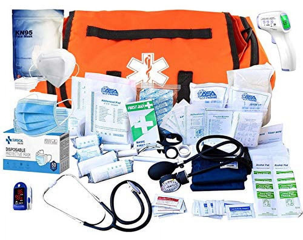 ASA TECHMED Stocked Large EMT First Aid Trauma Bag – Emergency Medical Supplies Kit with 50pc 3‑Ply & 10pc 5‑Ply Face Masks, Large Orange Nylon, 1 Pack