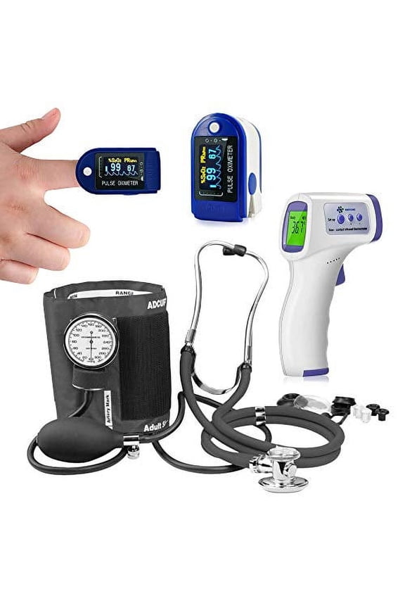 First Responder Lite Kit - Blood Cuff, Pulse/Oxygen Reader, Stethoscope and Non-Touch Thermometer, Ideal for Nurses, Firefighter, EMS and Students - Flatten The Curve Kit