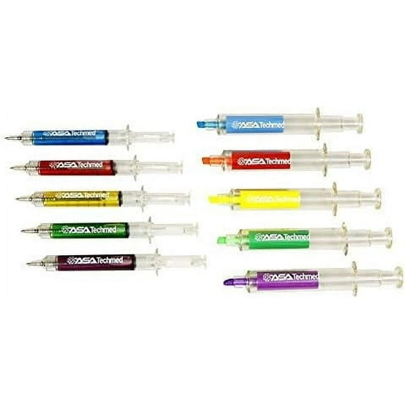 ASA Techmed Nurse Highlighter Set, with 5 Syringe Pens, Assorted Colors, 10 Count