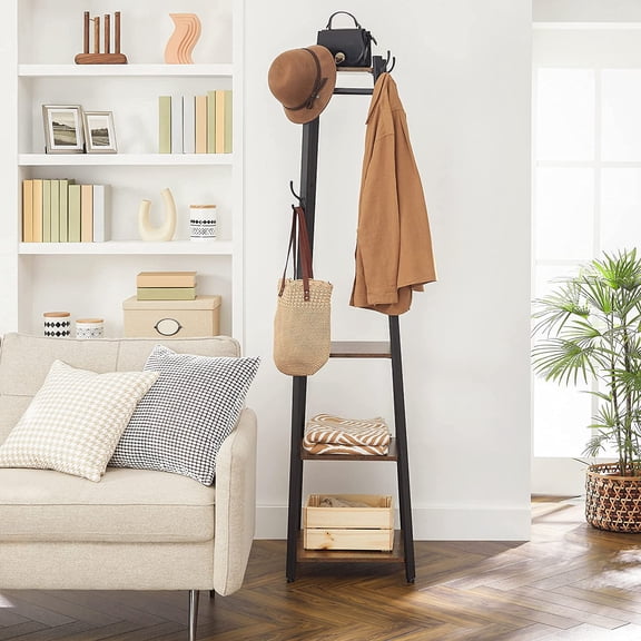 ASAGLE ALINRU Coat Rack with 3 Shelves Industrial Style Stand with Hooks for Scarves, Bags, and Umbrellas Steel Frame Rustic Brown and Black