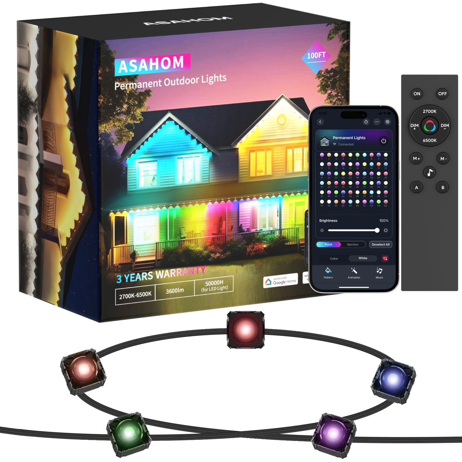 ASAHOM Permanent Outdoor Lights for House, 100ft with 60 RGBCW LED 