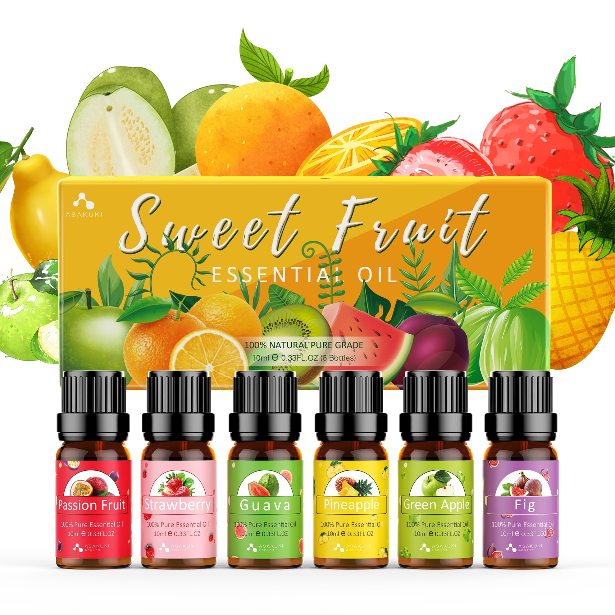 Asakuki Fruity Essential Oil Set of 6 Aromatherapy Oils for Diffusers, Passion Fruit, Strawberry, Guava, Pineapple, Green Apple, Fig Fruit Fragrance