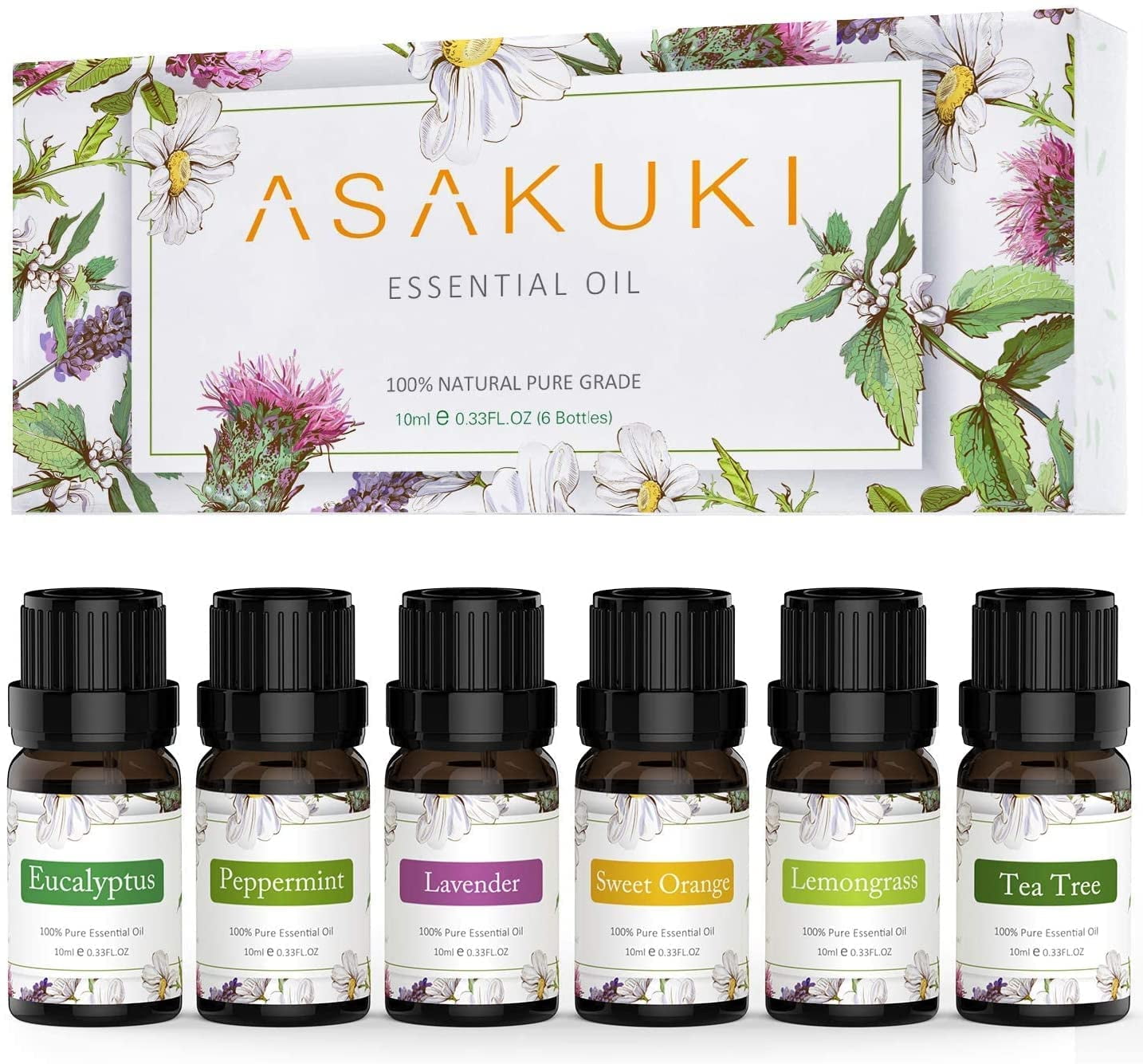 ASAKUKI Top 6 Aromatherapy Oil, 100% Pure Essential Oil Set, Sleep, Relaxation (Lavender, Eucalyptus, Lemongrass, Tea Tree, Sweet Orange & Peppermint), 6 Pack