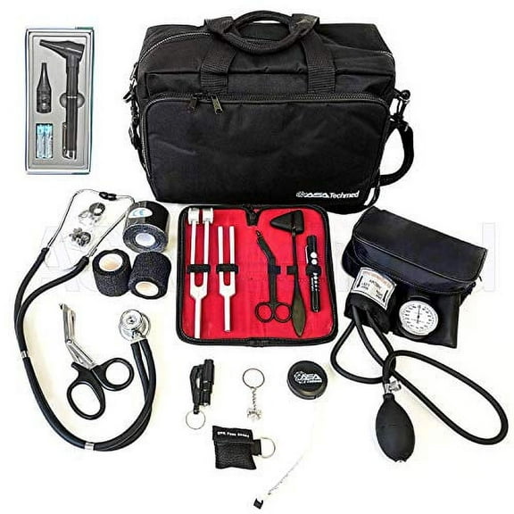 ASATechmed Nurse Starter Kit - Stethoscope, Blood Pressure Monitor, Tuning Forks, and More - 18 Pieces Total (Black)