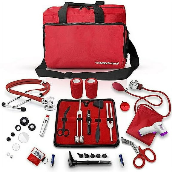 ASATechmed Nurse Starter Kit - Stethoscope, Blood Pressure Monitor, Tuning Forks, and More - 18 Pieces Total (Red)
