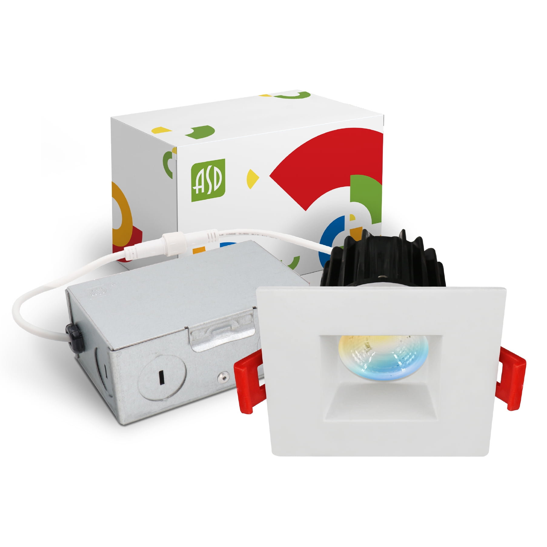 ASD 2 Inch LED Recessed Lighting with Junction Box, 8W 600 Lumens, Dimmable Anti-Glare Downlight, 2700K/3000K/3500K/4000K/5000K Selectable, CRI 90+, Square White Trim, IC Rated, ETL, Energy Star