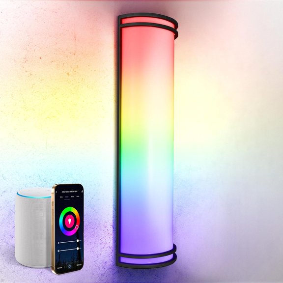 ASD 24 Inch Smart RGBW LED Outdoor & Indoor Wall Mount Light Fixture - Black RGB Wall Sconce Exterior Lighting - 120-277V 23W 2700-6500K Dimmable, Remote Control, Alexa - Front Door, Patio ETL