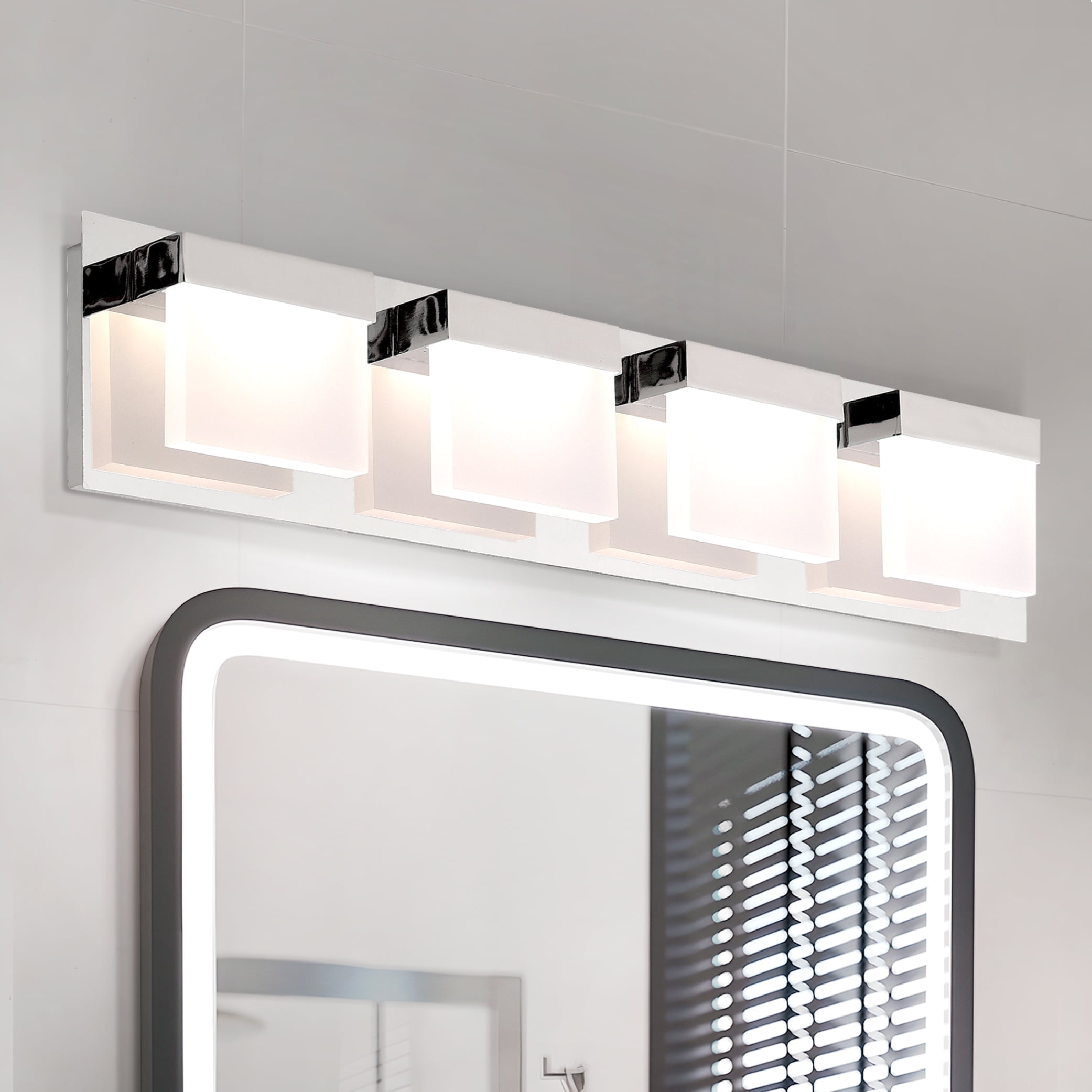 24-Inch Chrome LED Bathroom Vanity Light with White Plastic Shades