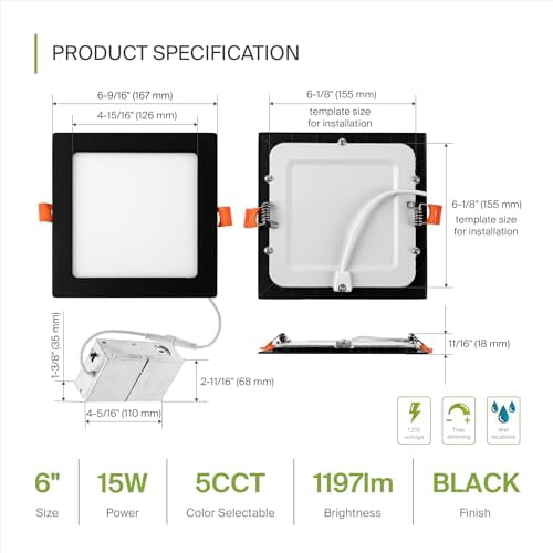 ASD LED Square Recessed Lighting 6 Inch - 2700K/3000K/3500K/4000K/5000K, 15W 60W Eqv - Ultra Thin Dimmable Ceiling Lights with J Box, Canless Wafer Downlight - Slim Panel Light - UL Energy Star 6 Pack
