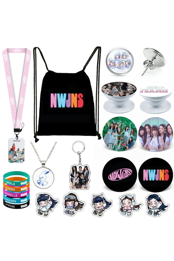 Kpop Jeans Gifts Set Keychain with Necklace, Earrings, Bracelets, Cartoon Badge