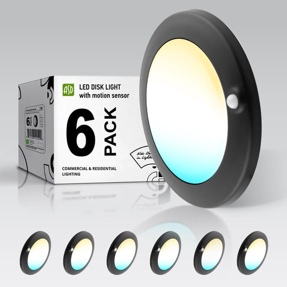 ASD Pack Motion Sensor LED Disk Lights Inch, 5CCT 2700-5000K 1149LM CRI90+, Indoor Ceiling Flush Mount Light Fixture, Low Profile Lighting for Closet, Hallway, Pantry, Porch, Garage, Black, UL C108