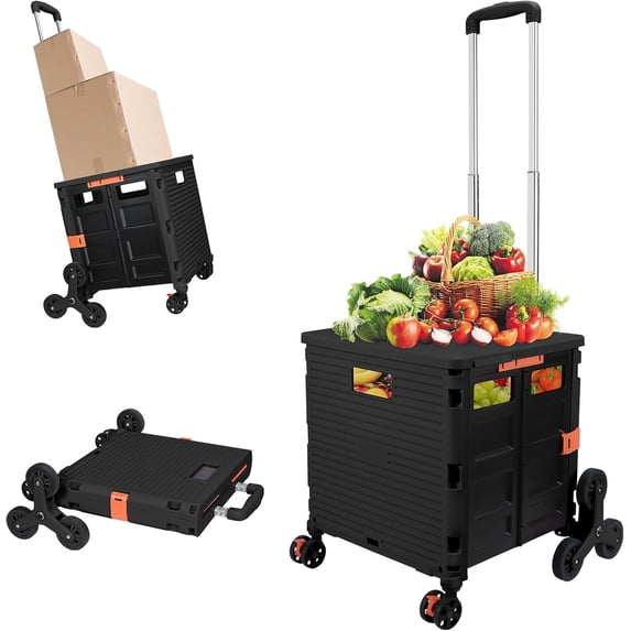 ASDFGH Folding Utility Cart Portable Rolling Crate Handcart with Stair Climbing Wheels&360 ° Swivel Wheels Telescoping Handle Plastic Box Dolly for Travel Shop Move Office Teacher Use(Black)