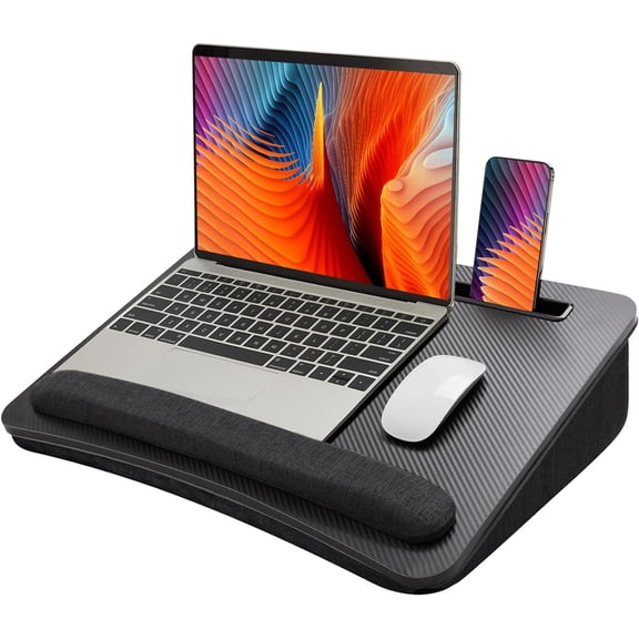 Asdfgh Ergonomic Cushioned Lap Desk with Foam Pillow, Portable Laptop Bed Tray Table with Phone Holder & Wrist Rest for Sofa Bed Car Working