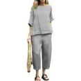 thumbnail image 1 of ASDFVBKG 2 Piece Sets for Women Summer Lounge Sets Cotton Linen Capris Top Wide Leg Crop Pants Travel Beach Vacation Clothes Gray 2XL, 1 of 5