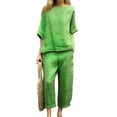 thumbnail image 1 of ASDFVBKG 2 Piece Sets for Women Summer Lounge Sets Cotton Linen Capris Top Wide Leg Crop Pants Travel Beach Vacation Clothes Green 4XL, 1 of 5