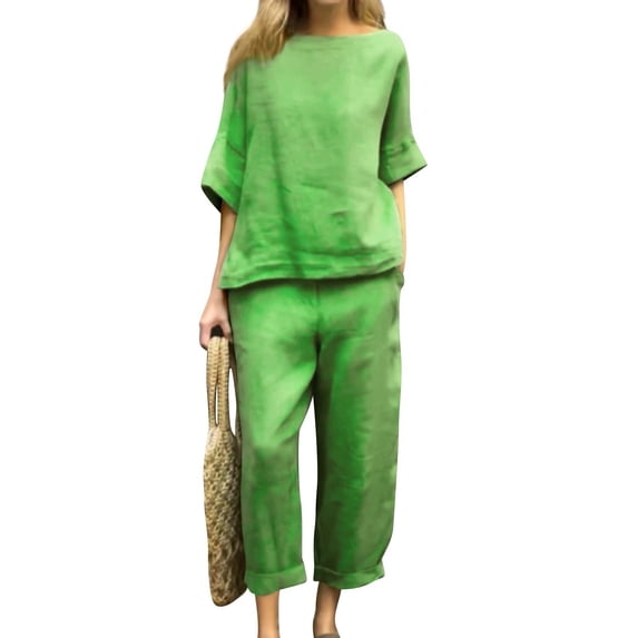 ASDFVBKG 2 Piece Sets for Women Summer Lounge Sets Cotton Linen Capris Top Wide Leg Crop Pants Travel Beach Vacation Clothes Green 4XL