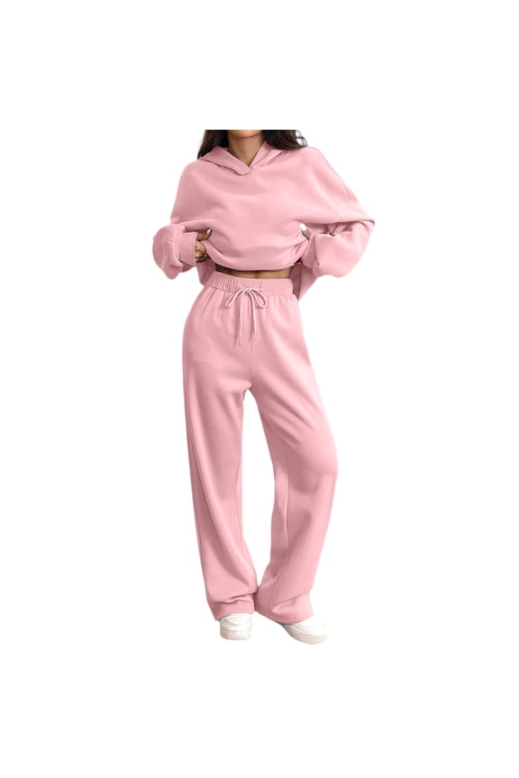 2 Piece Solid Sweatsuits Women Lightweight Long Sleeve Hoodie Sweatshirt Lounge Sweatpants Solid Color Soft Fashion Loose Thick Tracksuit with Pocket Pink M