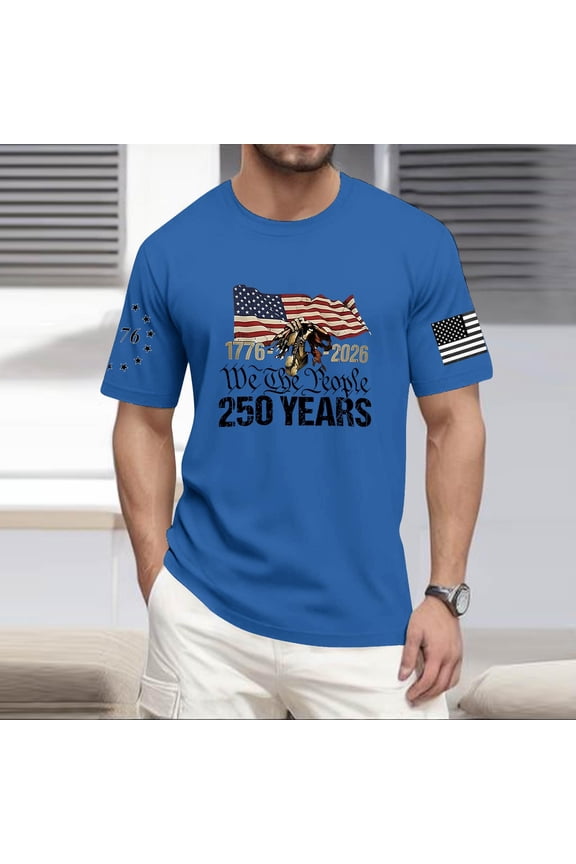 ASDFVBKG 250th Anniversary Tops, Men's Crew Neck American Flag Short Sleeve T-Shirts Patriotic Casual Independence Day Loose Pullover Blue 2XL