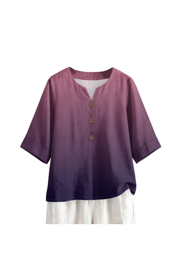 3/4 Length Sleeve Womens Tops Cotton Linen V-Neck T-Shirts Dressy Tie Dye Tops Relaxed Fit Loose Comfy Tee Tops Purple L