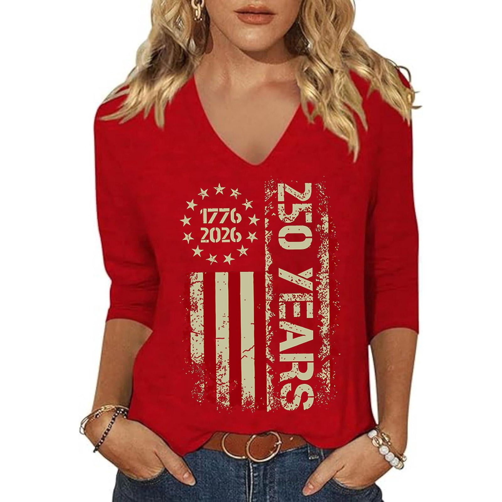 ASDFVBKG 3/4 Sleeve American Flag Patriotic V-Neck Shirt Women 4th of ...