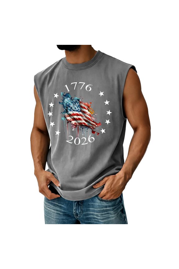 4th of July Shirts Mens Muscle Tank Top 1776 Dressy Crewneck Sleeveless Athletic T Shirts Slim Fit USA Flag Graphic Casual Summer Basic Muscle Tank Top Gray L