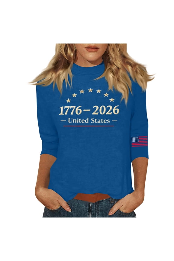 American Flag Shirts for Women American Flag 1776 Tees 3/4 Sleeve Summer Pullover Usa Graphic Plus Size Tops for Women Blue S