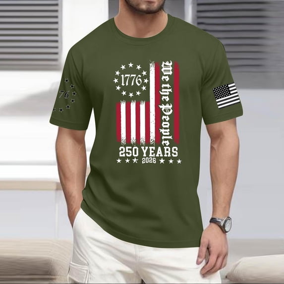 Hogleaql American Flag T-Shirt for Men Crew Neck American Flag Short Sleeve Tops Patriotic Dressy Independence Day Themed Loose Fit Tshirt Army Green XL