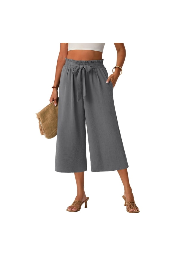 Bermuda Shorts for Women Knee Length Elastic Waist Cotton Linen Capris Shorts Knee Length Bermuda Summer Pants Drawstring Fashion Loose Pedal Pushers with Pockets Gray L