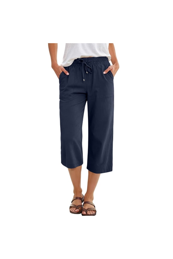 Bermuda Shorts for Women Knee Length Elastic Waist Cotton Linen Capris Shorts Knee Length Bermuda Summer Pants Drawstring Fashion Loose Pedal Pushers with Pockets Navy XL