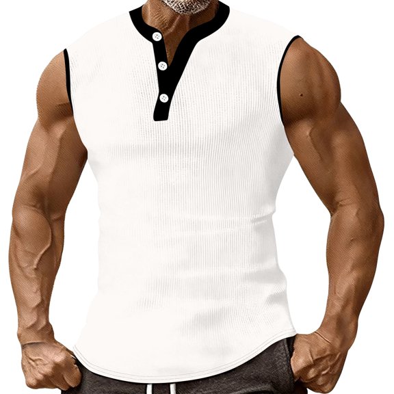 ASDFVBKG Big & Tall Mens Ribbed Tank Tops Fashion Henley Sleeveless Athletic T-Shirt Slim Fit Button Classic Summer Basic Muscle Tank Top White S