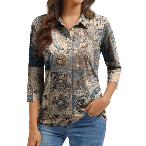 ASDFVBKG Button Down Shirts for Women Soft 3/4 Sleeve Dressy Shirts Collared Tunic Vintage Pattern Vacation Loose Fit Tops Light Brown 3XL