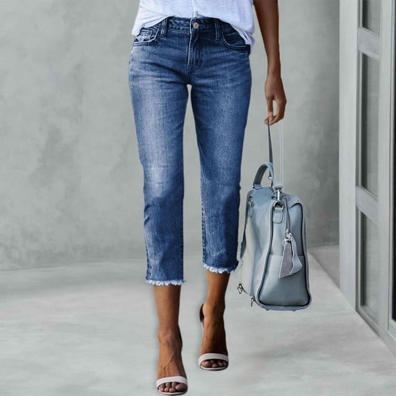 ASDFVBKG Capri Pants for Women Cropped Dressy Capri Jeans Stretch Denim Pull on Raw Hem Summer Capris Jeans Light Blue M